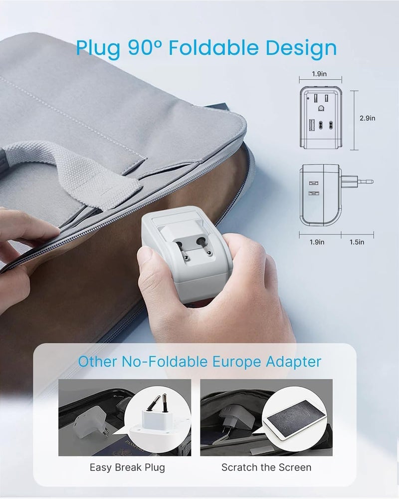 VINTAR محول سفر أوروبي 2 حزمة، محول نوع C قابل للطي PD 20W مع 4 مآخذ AC و 3 منافذ USB (2 USB C)، شاحن أساسي للسفر من الولايات المتحدة إلى معظم دول أوروبا EU إيطاليا إسبانيا فرنسا - Image 3